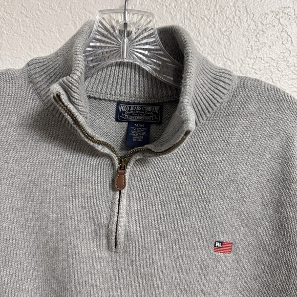 Polo Jeans Company Ralph Lauren Flag Sweater Mens Medium Gray 1/4 Zip Y2K - Picture 2 of 11